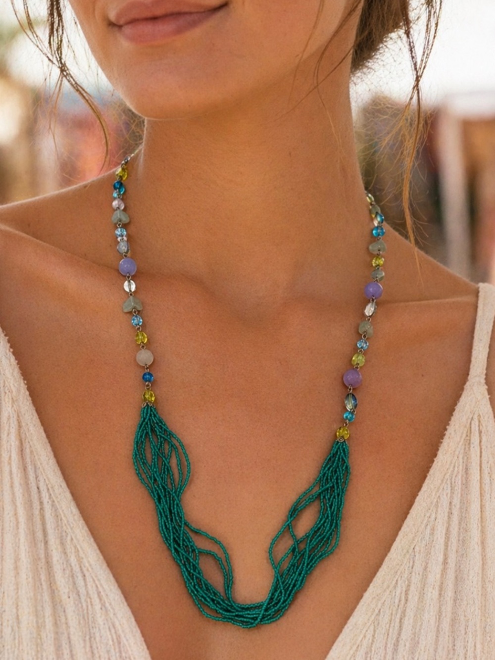 Vintage Anthropologie Beaded Multi Strand Necklace Festival Boho Statement